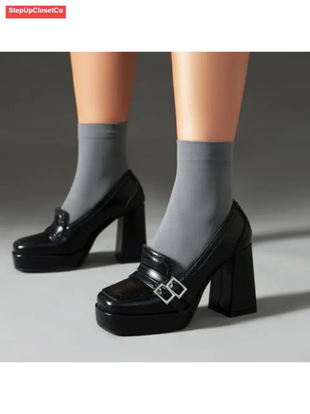Retro Square Toe Chunky High Heel Brogue Loafers Comfortable Slip On Platform